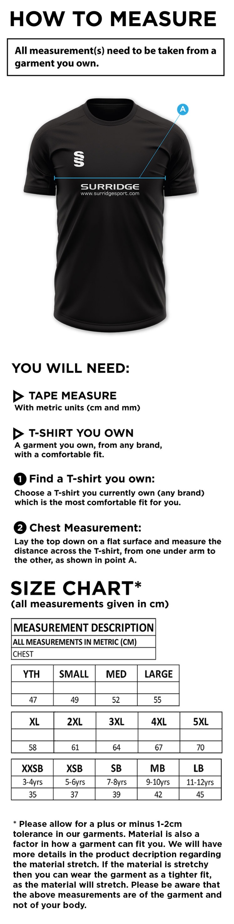 West London Track and Field - Mens Games Shirt - Size Guide